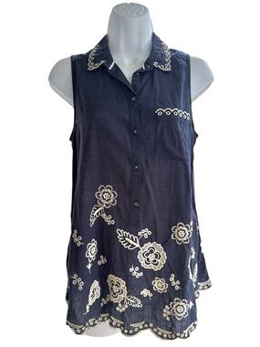 Moulinette Soeurs Windswept Blossoms Henley Navy Sleeveless Button-Down Top